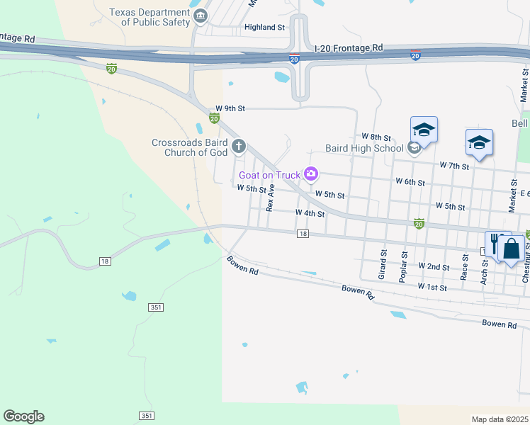 map of restaurants, bars, coffee shops, grocery stores, and more near 340 Rex Avenue in Baird
