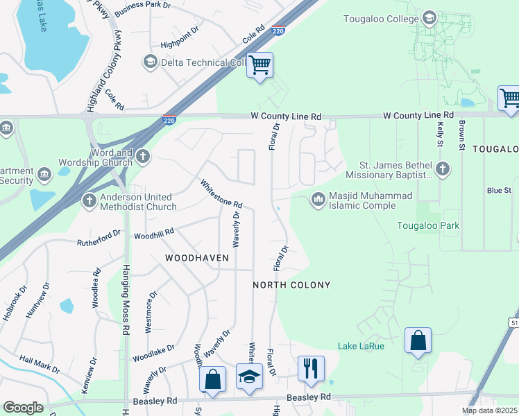 map of restaurants, bars, coffee shops, grocery stores, and more near 6160 Whitestone Road in Jackson