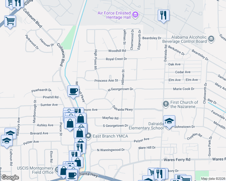 map of restaurants, bars, coffee shops, grocery stores, and more near 3551 North Georgetown Drive in Montgomery