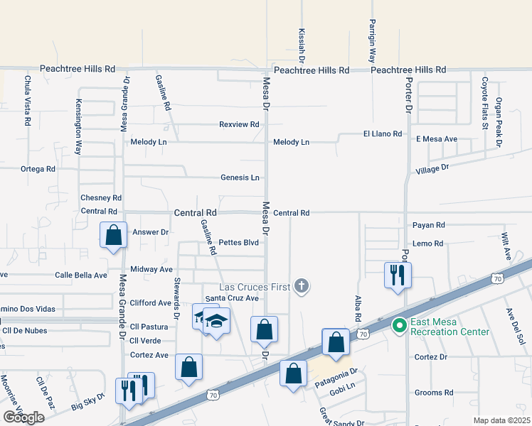 map of restaurants, bars, coffee shops, grocery stores, and more near County Road D075 in Las Cruces