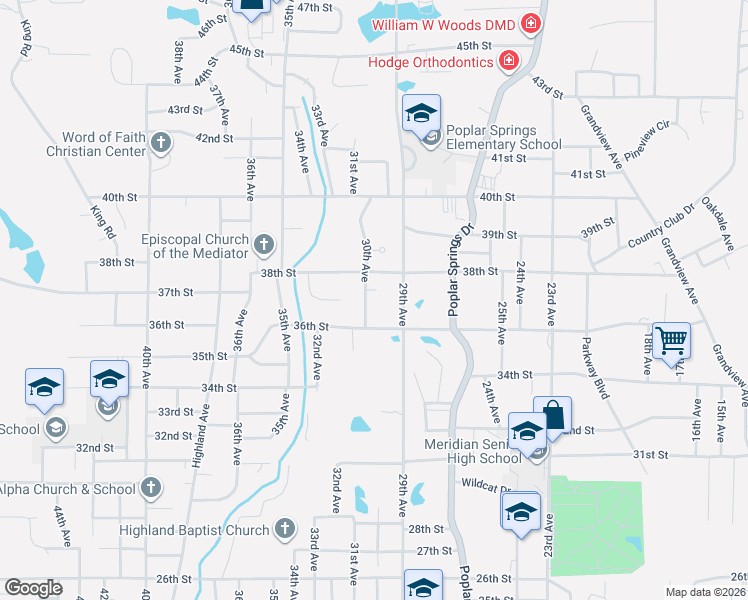 map of restaurants, bars, coffee shops, grocery stores, and more near 3626 30th Avenue in Meridian