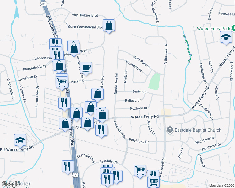map of restaurants, bars, coffee shops, grocery stores, and more near 722 Dunbarton Rd in Montgomery