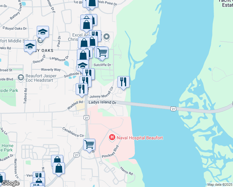 map of restaurants, bars, coffee shops, grocery stores, and more near Port Royal Landing Drive in Port Royal