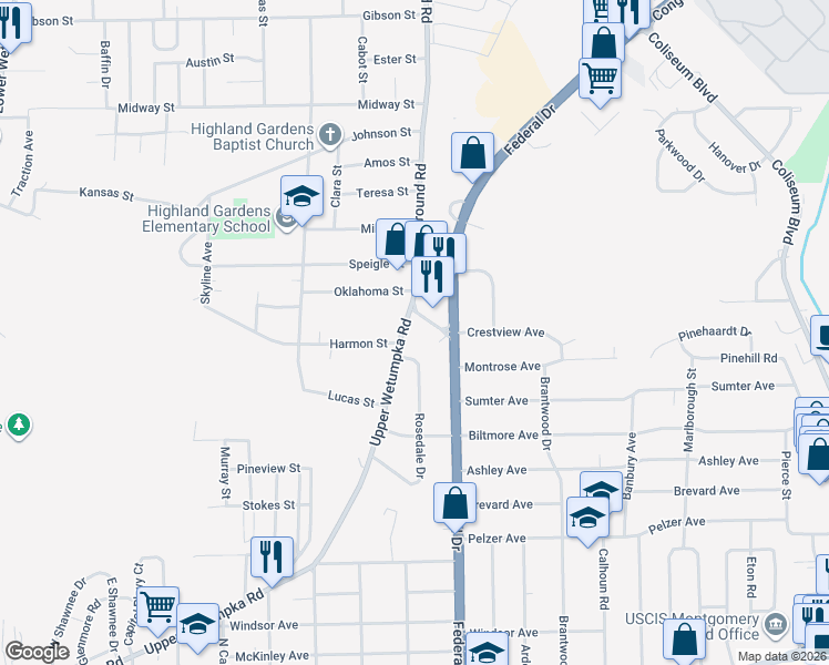 map of restaurants, bars, coffee shops, grocery stores, and more near 2518 Upper Wetumpka Road in Montgomery