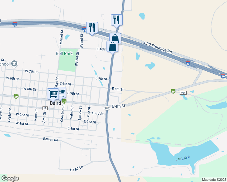 map of restaurants, bars, coffee shops, grocery stores, and more near 771 East 6th Street in Baird