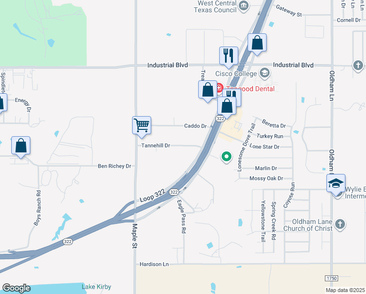 map of restaurants, bars, coffee shops, grocery stores, and more near 153 Tannehill Drive in Abilene