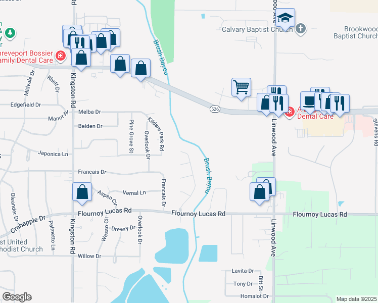 map of restaurants, bars, coffee shops, grocery stores, and more near 9311 Crooked Creek Drive in Shreveport