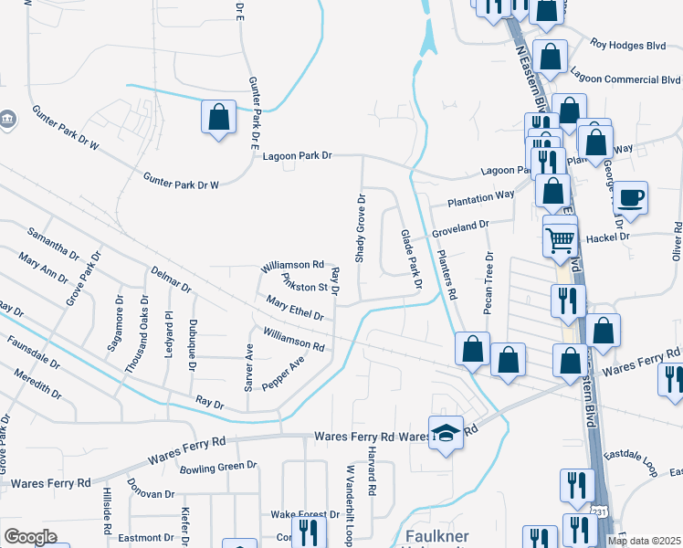 map of restaurants, bars, coffee shops, grocery stores, and more near 4704 Ray Drive in Montgomery