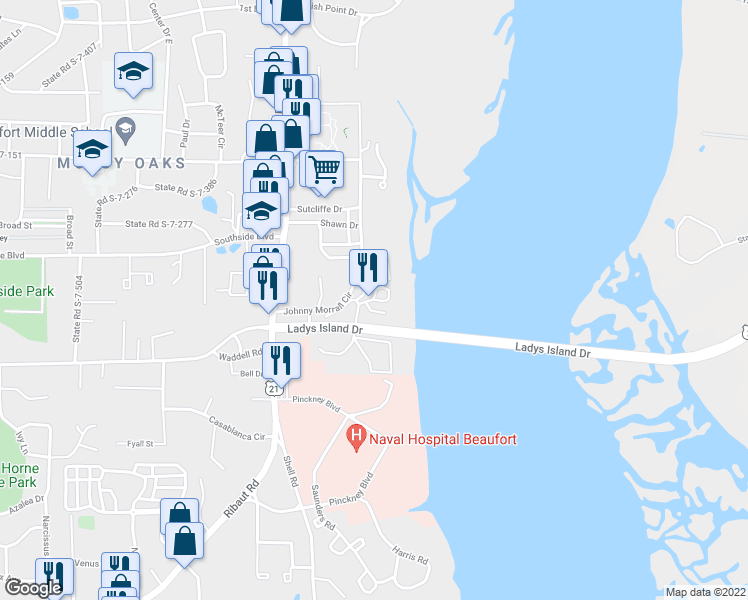 map of restaurants, bars, coffee shops, grocery stores, and more near Port Royal Landing Drive in Port Royal
