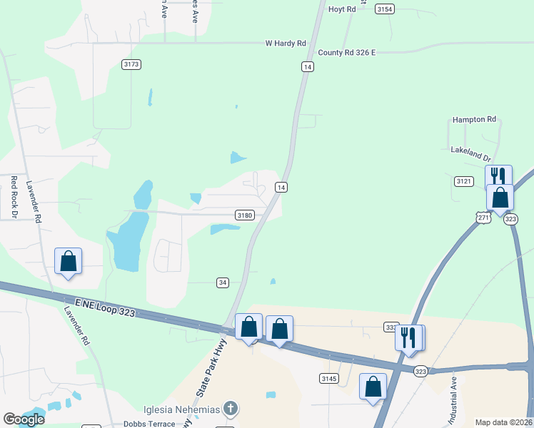 map of restaurants, bars, coffee shops, grocery stores, and more near Fm 14 in Tyler