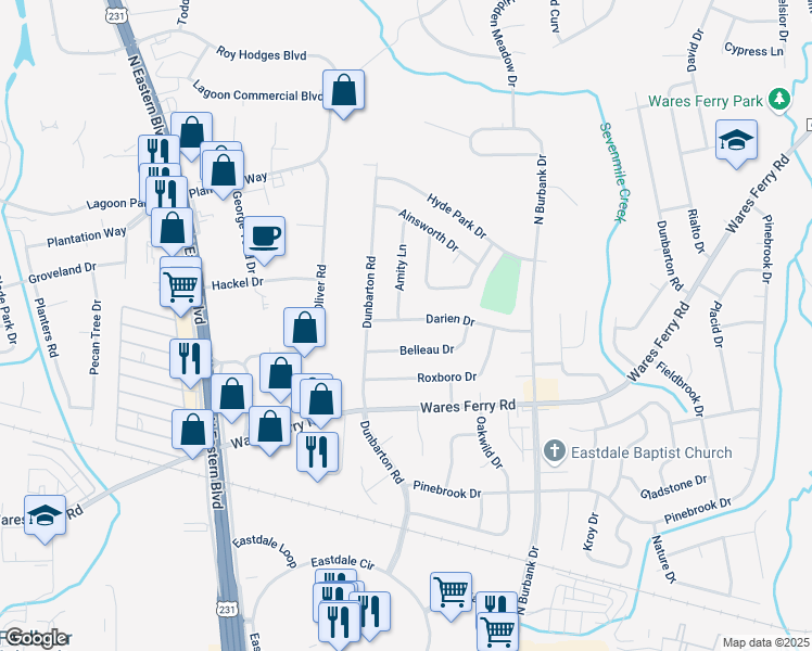 map of restaurants, bars, coffee shops, grocery stores, and more near 5742 Darien Drive in Montgomery