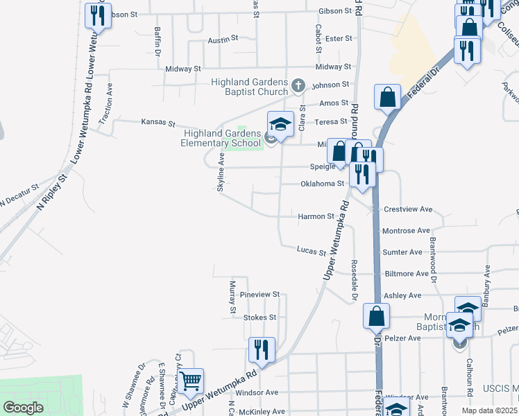 map of restaurants, bars, coffee shops, grocery stores, and more near 1959 Harmon Street in Montgomery