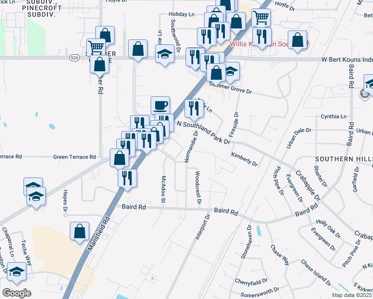 map of restaurants, bars, coffee shops, grocery stores, and more near 9330 Normandie Drive in Shreveport