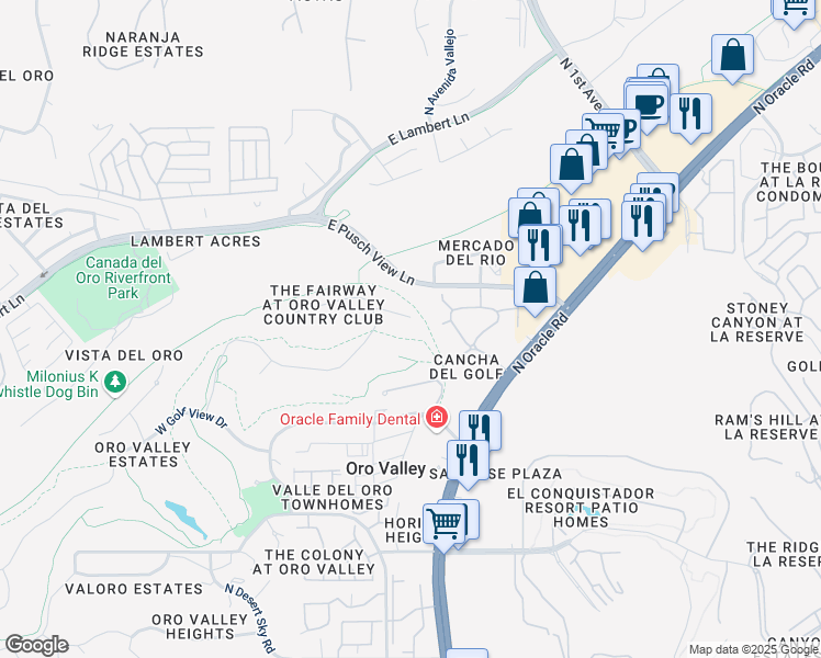 map of restaurants, bars, coffee shops, grocery stores, and more near 296 East Oro Valley Drive in Oro Valley
