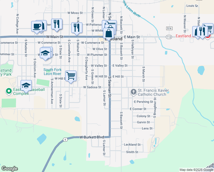 map of restaurants, bars, coffee shops, grocery stores, and more near 613 South Seaman Street in Eastland