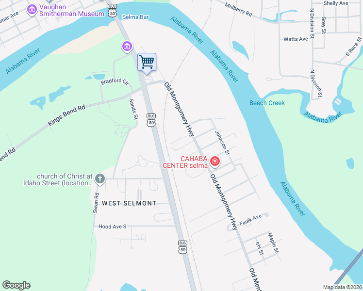 map of restaurants, bars, coffee shops, grocery stores, and more near 500 Old Montgomery Road in Selma