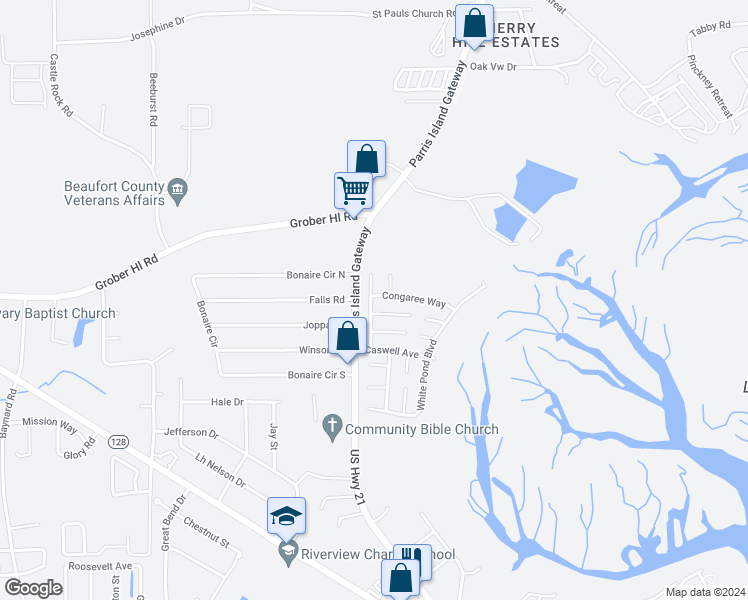 map of restaurants, bars, coffee shops, grocery stores, and more near 2 Congaree Way in Beaufort