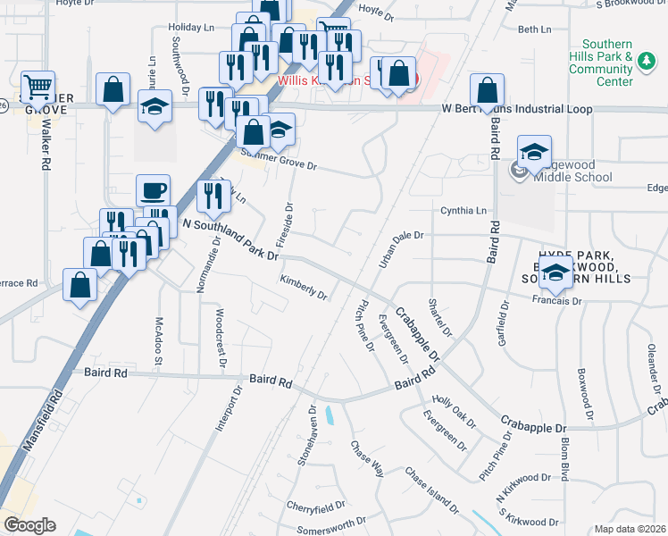 map of restaurants, bars, coffee shops, grocery stores, and more near 1144 North Southland Park Drive in Shreveport