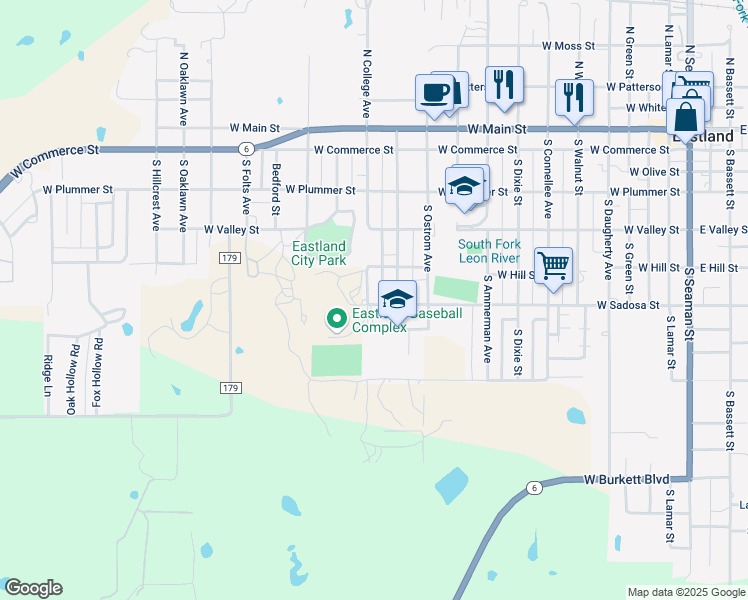 map of restaurants, bars, coffee shops, grocery stores, and more near 610 South College Avenue in Eastland