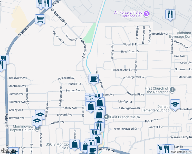 map of restaurants, bars, coffee shops, grocery stores, and more near 757 Whitehall Parkway in Montgomery
