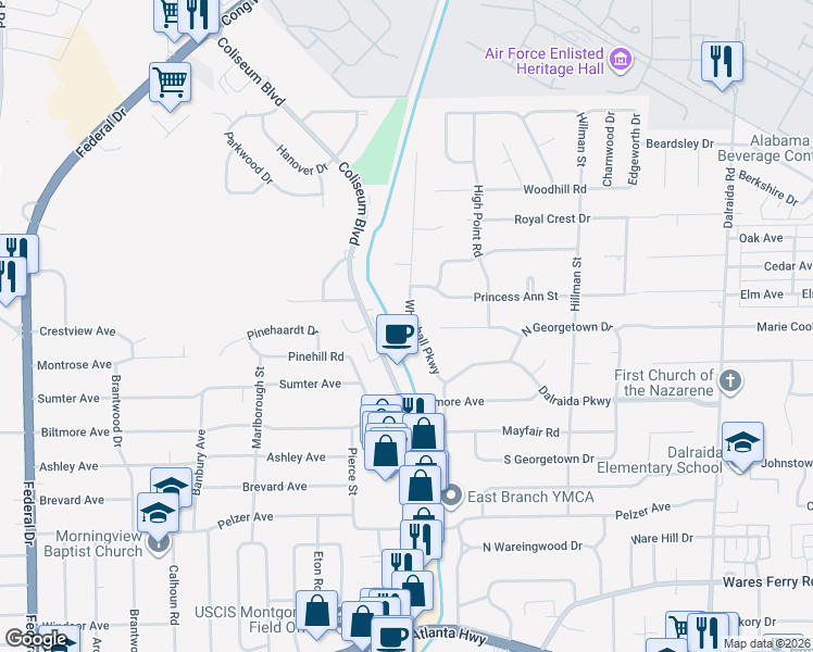 map of restaurants, bars, coffee shops, grocery stores, and more near 757 Whitehall Parkway in Montgomery