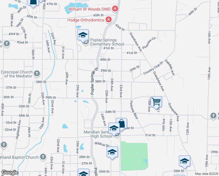 map of restaurants, bars, coffee shops, grocery stores, and more near 3637 24th Avenue in Meridian