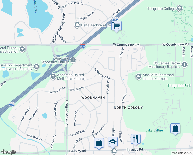 map of restaurants, bars, coffee shops, grocery stores, and more near 6167 Westwind Road in Jackson