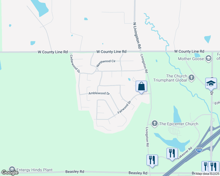 map of restaurants, bars, coffee shops, grocery stores, and more near 1617 Countrywood Drive in Jackson