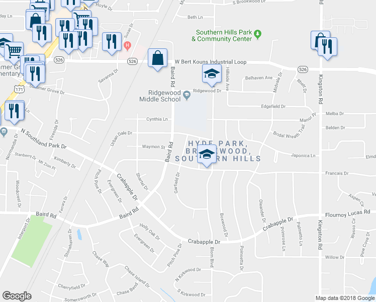 map of restaurants, bars, coffee shops, grocery stores, and more near 9379 Garfield Drive in Shreveport