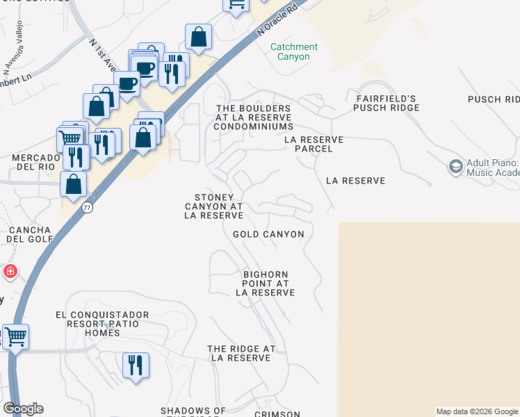 map of restaurants, bars, coffee shops, grocery stores, and more near 1540 East Deer Shadow Lane in Tucson