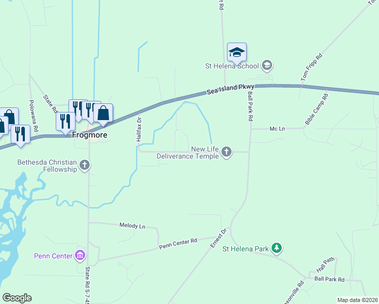 map of restaurants, bars, coffee shops, grocery stores, and more near 86 Halifax Drive in Saint Helena Island