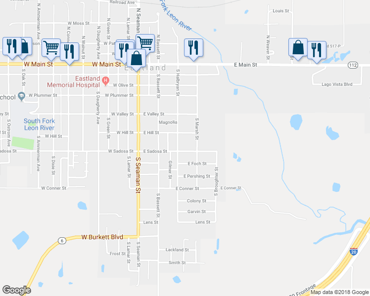 map of restaurants, bars, coffee shops, grocery stores, and more near 408 East Sadosa Street in Eastland
