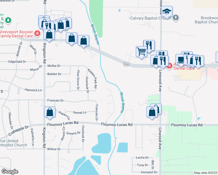 map of restaurants, bars, coffee shops, grocery stores, and more near 9311 Crooked Creek Drive in Shreveport