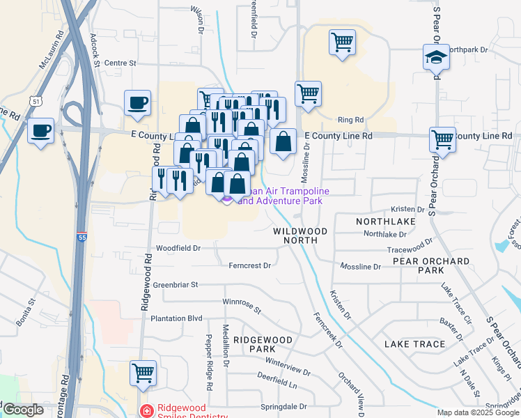 map of restaurants, bars, coffee shops, grocery stores, and more near 6249 Ferncreek Drive in Jackson