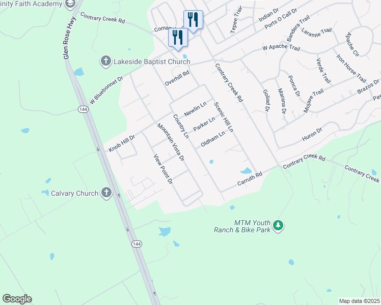 map of restaurants, bars, coffee shops, grocery stores, and more near 601 Oldham Lane in Granbury