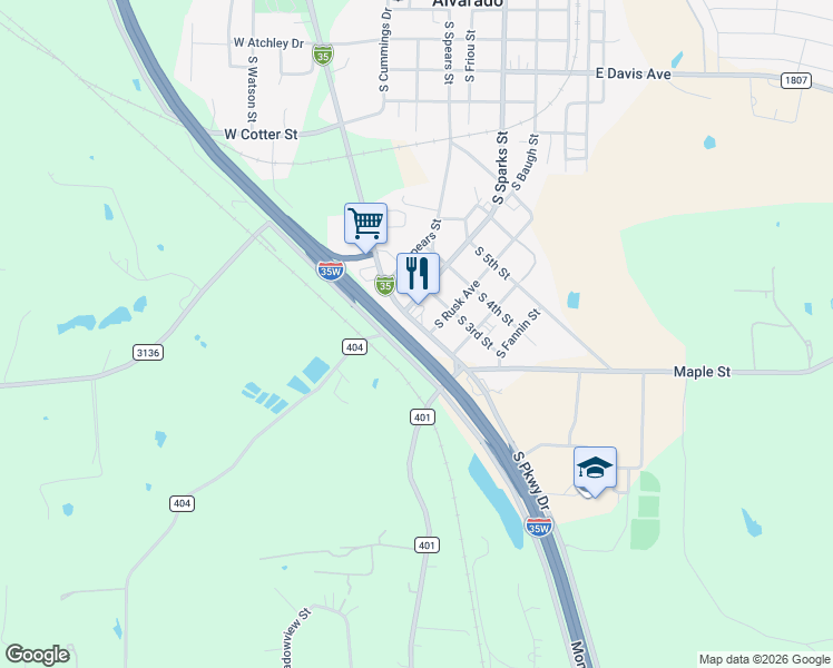 map of restaurants, bars, coffee shops, grocery stores, and more near 902 South Parkway Drive in Alvarado