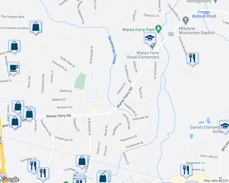 map of restaurants, bars, coffee shops, grocery stores, and more near 6201 Dalford Drive in Montgomery