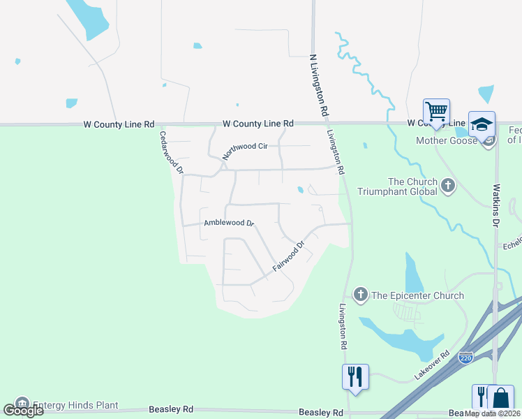 map of restaurants, bars, coffee shops, grocery stores, and more near 1617 Countrywood Drive in Jackson