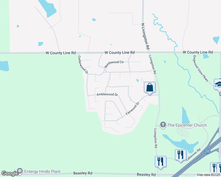 map of restaurants, bars, coffee shops, grocery stores, and more near 1635 Countrywood Drive in Jackson