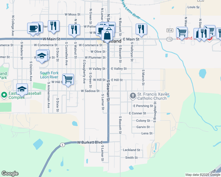 map of restaurants, bars, coffee shops, grocery stores, and more near 613 South Seaman Street in Eastland