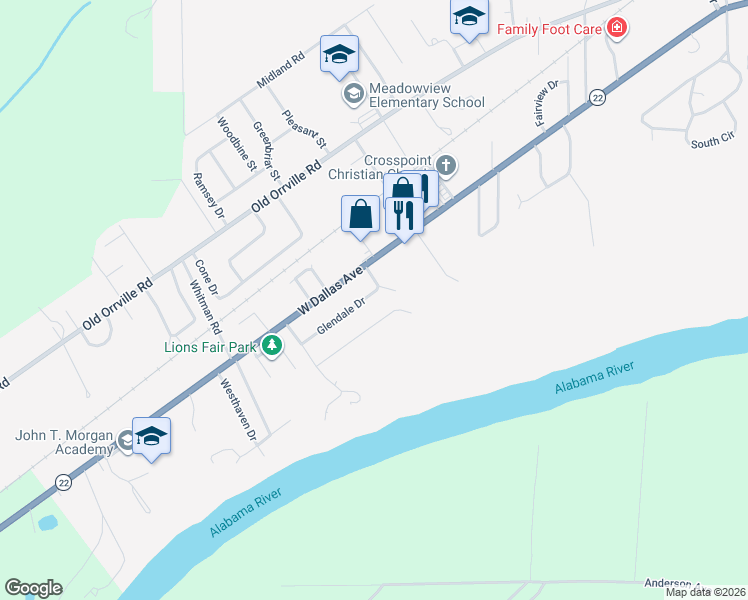 map of restaurants, bars, coffee shops, grocery stores, and more near 6 Glendale Drive in Selma