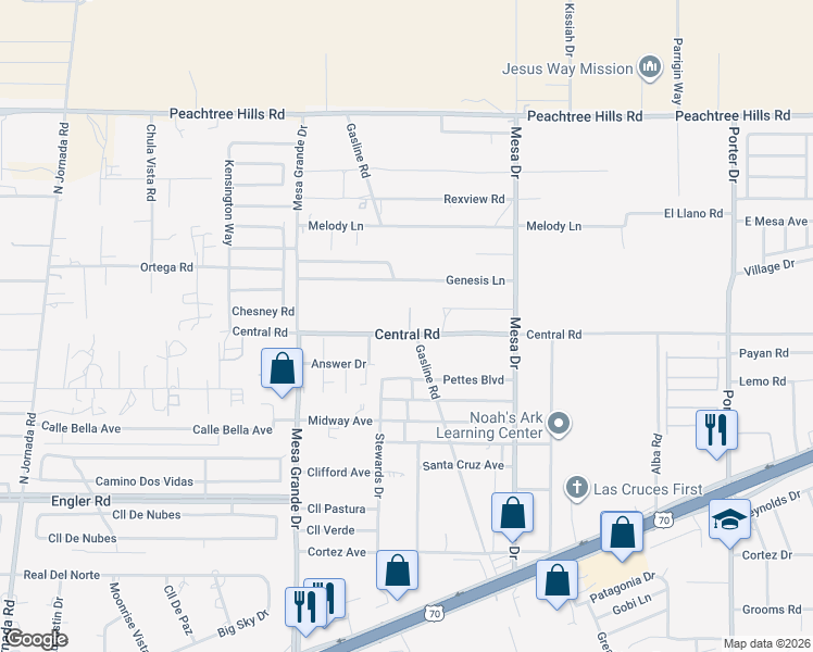 map of restaurants, bars, coffee shops, grocery stores, and more near 5215 Central Road in Las Cruces