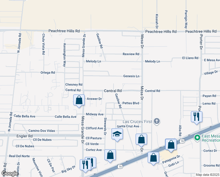 map of restaurants, bars, coffee shops, grocery stores, and more near 5215 Central Road in Las Cruces