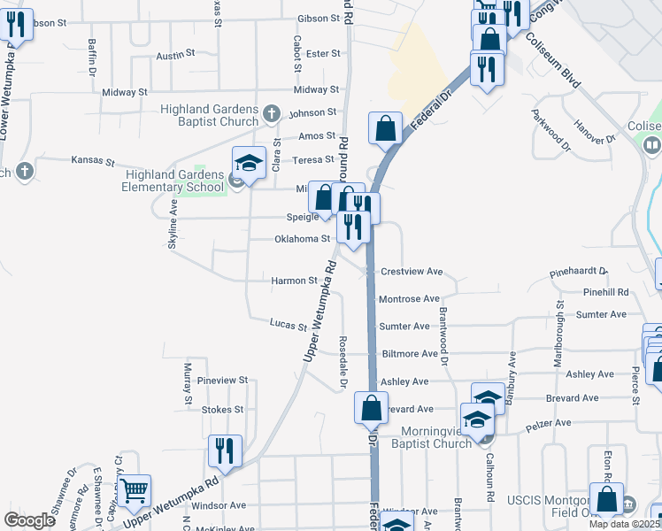 map of restaurants, bars, coffee shops, grocery stores, and more near 2518 Upper Wetumpka Road in Montgomery
