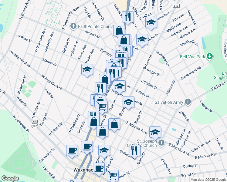 map of restaurants, bars, coffee shops, grocery stores, and more near 300 West 4th Street in Waxahachie