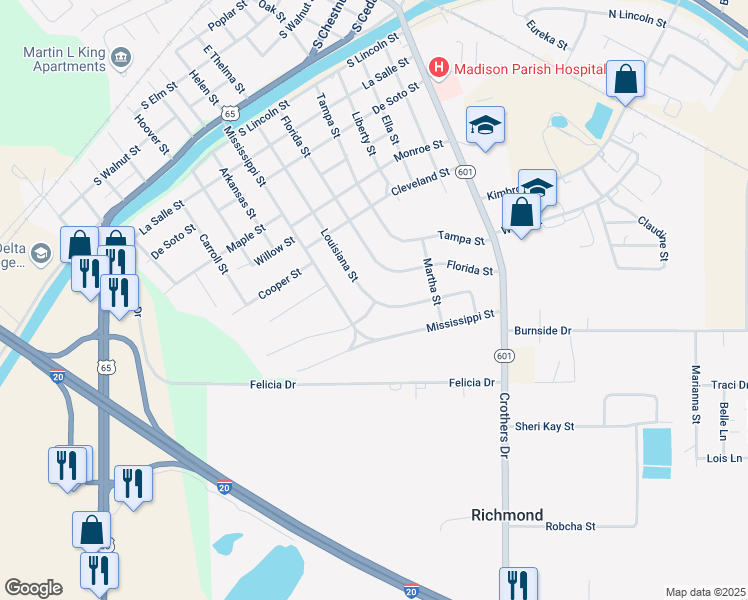 map of restaurants, bars, coffee shops, grocery stores, and more near 201-299 Mc Clure Street in Tallulah