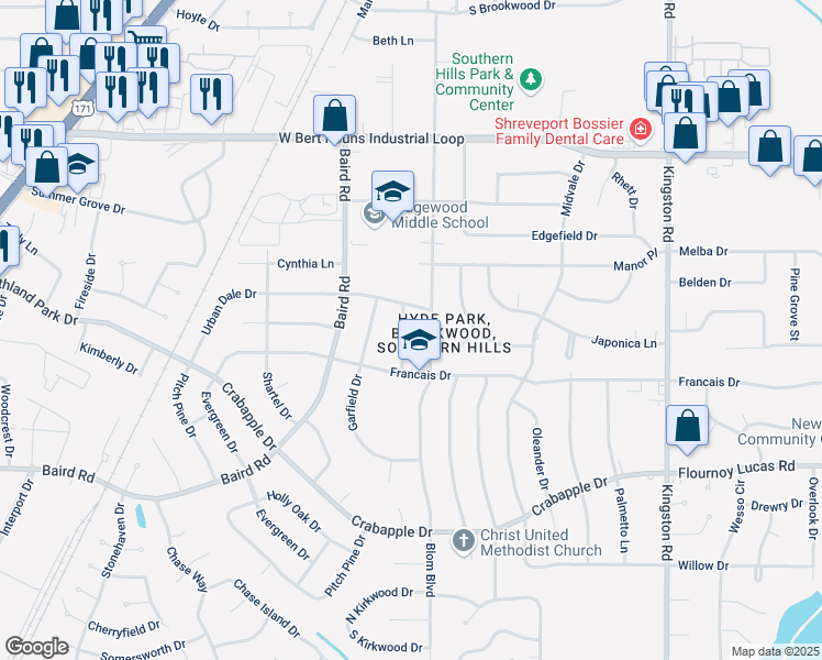 map of restaurants, bars, coffee shops, grocery stores, and more near 9373 Delores Drive in Shreveport