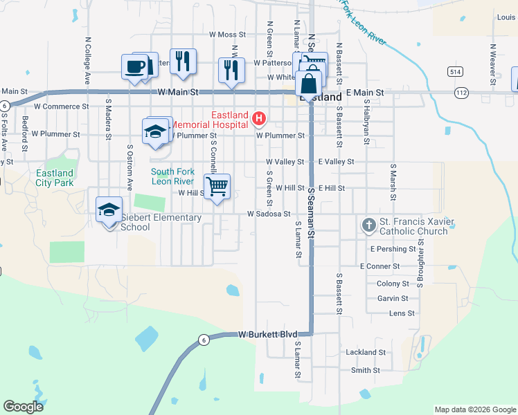 map of restaurants, bars, coffee shops, grocery stores, and more near 614 South Daugherty Avenue in Eastland