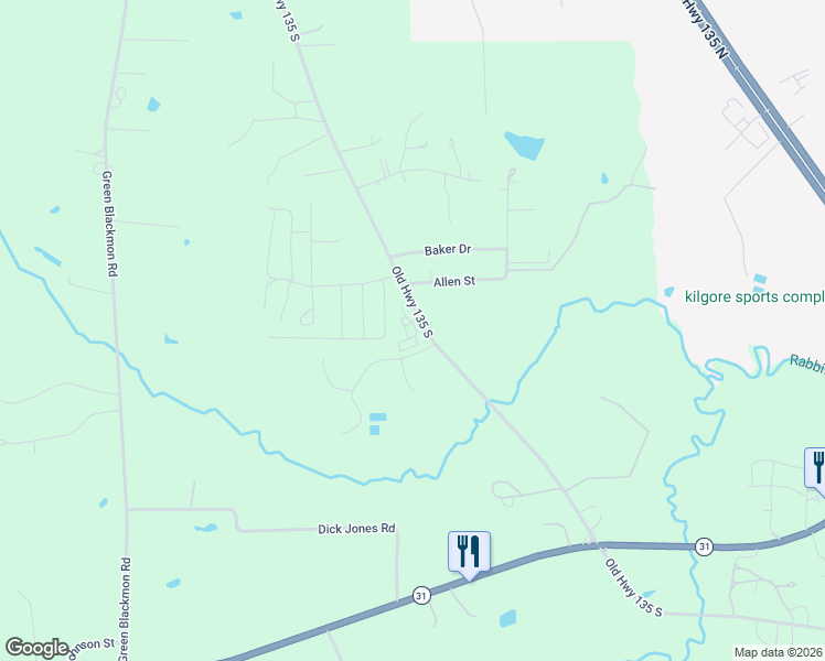 map of restaurants, bars, coffee shops, grocery stores, and more near 2567 Old Highway 135 South in Kilgore
