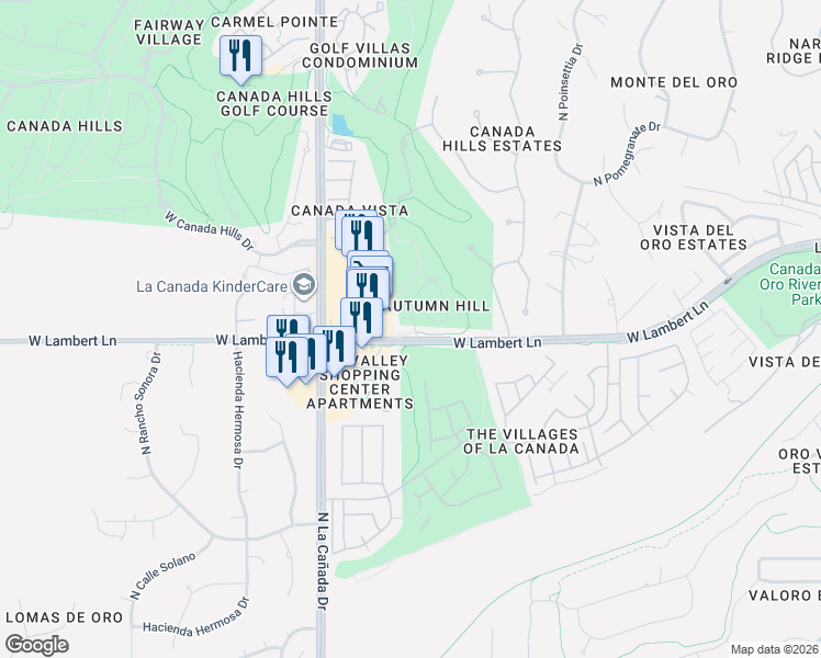 map of restaurants, bars, coffee shops, grocery stores, and more near 10421 North Autumn Hill Lane in Tucson